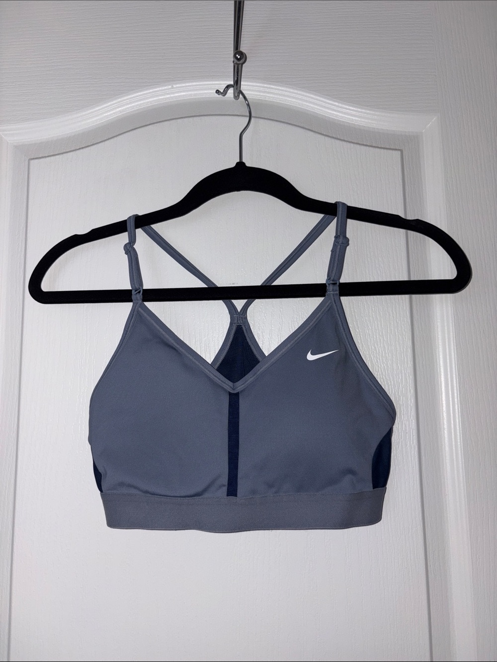 Nike Gray Strappy V-Neck Sports Bra with Navy Accents